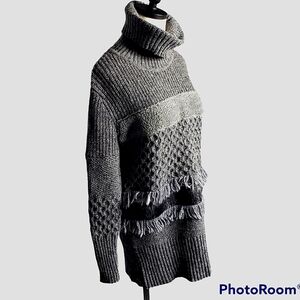 Banana Republic Tunic Turtleneck Sweater M Mixed Media Fringe Sherpa Cable Knit